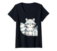 Donna Carino Woodland Raccoon Illustrazione Maglietta con Collo a V
