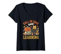 Donna Carino Zucca Gatto Innamorarsi di apprendimento Libro Maglietta con Collo a V