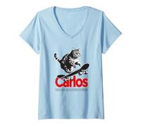 Donna CARLOS - Nome ragazzo simpatico con gatto e skateboard Maglietta con Collo a V