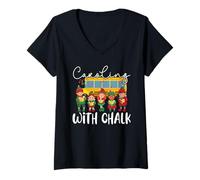 Donna Caroling with Chalk Educator Insegnante Natale Maglietta con Collo a V