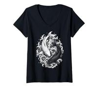 Donna Carpa Giapponese Koi in Stile Irezumi Bianco e Nero Maglietta con Collo a V
