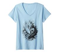 Donna Carpa Giapponese Koi in Stile Irezumi in Bianco e Nero Maglietta con Collo a V