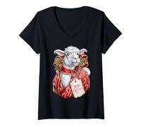 Donna Carta da Regalo con Alpaca, Lama e Bastoncino di Zucchero, con Agrifoglio Maglietta con Collo a V