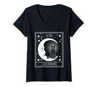 Donna Carta dei Tarocchi Crescent Moon e Black Cat Graphic Maglietta con Collo a V