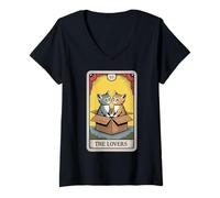 Donna Carta dei tarocchi The Lovers Cats Cuddling Funny Cat Maglietta con Collo a V