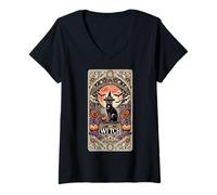 Donna Carta dei tarocchi Vintage Gotica The Witch Black Cat Halloween 2024 Maglietta con Collo a V