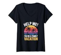 Donna Cartello Divertente con Scritta Help Me I'm On A Family Vacation (Lingua Italiana Non Garantita) Maglietta con Collo a V
