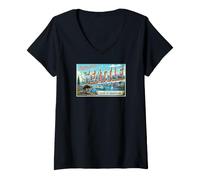 Donna Cartolina Vintage Jimothy Seattle Washington Maglietta con Collo a V