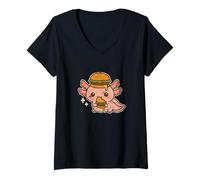 Donna Cartone Animato Axolotl Doppio Burger Maglietta con Collo a V