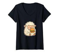 Donna Cartone Animato Fluffy Sheep Burger Maglietta con Collo a V