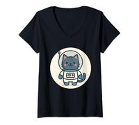 Donna Cartone Animato Gatto Astronauta Kawaii Maglietta con Collo a V