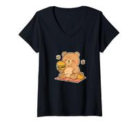 Donna Cartone Animato Happy Bear Picnic Burger Maglietta con Collo a V