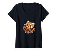Donna Cartone Animato retrò Red Panda Skateboard Maglietta con Collo a V
