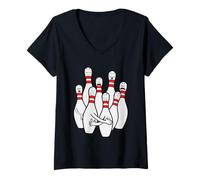 Donna Cartoon Bowling Scared Bowling Pins Funny Sport Bowler Maglietta con Collo a V