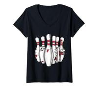 Donna Cartoon Scared Bowling Pins - Funny Sport Bowler Tee Maglietta con Collo a V