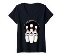 Donna Cartoon Scared Bowling Pins - Funny Sport Bowler Tee Maglietta con Collo a V