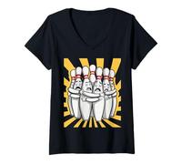Donna Cartoon Scared Bowling Pins - Funny Sport Bowler Tee Maglietta con Collo a V