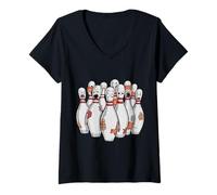 Donna Cartoon Scared Bowling Pins - Funny Sport Bowler Tee Maglietta con Collo a V