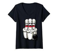 Donna Cartoon Scared Bowling Pins - Funny Sport Bowler Tee Maglietta con Collo a V