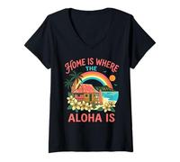 Donna Casa è Dove l'Aloha è Hawaiian Beach Surf Paradise Art Maglietta con Collo a V