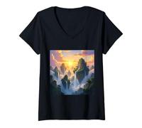 Donna Cascate Fantasy Sunset Islands Maglietta con Collo a V