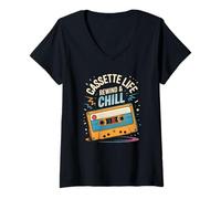 Donna Cassette Life Rewind Chill, custodia per nastro musicale retrò vintage Maglietta con Collo a V