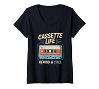 Donna Cassette Life Rewind Chill, musica retrò, famiglia audio vintage Maglietta con Collo a V