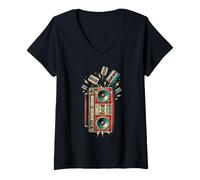 Donna Cassette retrò Boombox Vintage Music Lover Maglietta con Collo a V