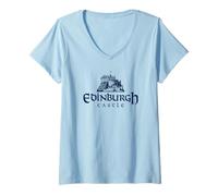 Donna Castello di Edimburgo Scozia Stampa Blu Navy Maglietta con Collo a V