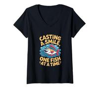 Donna Casting A Smile One Fish At A Time Divertente Detto Maglietta con Collo a V