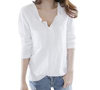 Donna Casual Solid Manica Lunga Scollo a V T-shirt Tasche Top Camicetta Nero Rolli Donne, bianco, XL