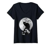 Donna Cat And Skull Moon Gothic Graphic Scary Halloween Maglietta con Collo a V