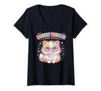 Donna Cat Blowing Bubble Chewing Gum Bubble Trouble Meow Maglietta con Collo a V