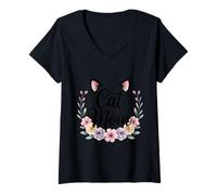 Donna Cat Cat Mom Floral Style Floral Kitty Amante per donne Maglietta con Collo a V
