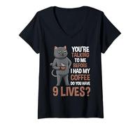 Donna Cat Coffee Warning Divertente Mattina Citazione Umorismo Maglietta con Collo a V