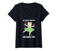 Donna Cat Cuddles Wine Sorsi Consigli per la Danza Insegnante Ballerina Danza Signora Maglietta con Collo a V