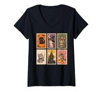 Donna Cat Halloween Stamps Cute Carved Pumpkin Ghosts Cats Maglietta con Collo a V
