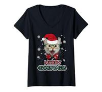 Donna Cat in Santa Hat Merry Christmas Funny Cats Lovers Xmas Maglietta con Collo a V