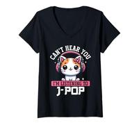 Donna Cat Japanese Pop non riesce a sentirti Sto ascoltando J-Pop Maglietta con Collo a V