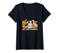 Donna Cat Lady Hoarder Funny Crazy Kitten Collector Design Maglietta con Collo a V