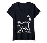 Donna Cat Line Art Walking Cat Amante Maglietta con Collo a V