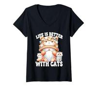 Donna Cat Lover Gnome For Cat Mom Grandma Life Is Better With Cats Maglietta con Collo a V
