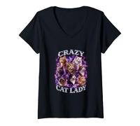 Donna Cat Lover Vintage Anni '90 Viola Fulmine Gatti celesti Maglietta con Collo a V