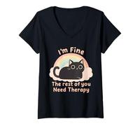 Donna Cat Lover's Funny I'm Fine The Rest of You Need Therapy Maglietta con Collo a V