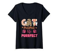 Donna Cat Mama Life Purrfect con stampa leopardata, simpatica zampa di gattino da cartone animato Maglietta con Collo a V