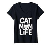 Donna Cat Mom Life Maglietta con Collo a V