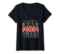 Donna Cat Mom Vibes Maglietta con Collo a V