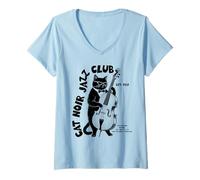 Donna Cat Noir Jazz Club Contrabbasso Vintage Maglietta con Collo a V