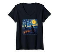 Donna Cat Paris Eiffel Tower Starry Night Night Van Gogh Art Maglietta con Collo a V