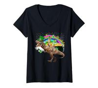 Donna Cat Riding Dinosaur T Rex Leprechaun Hat St Patricks Day Maglietta con Collo a V